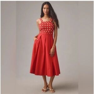 Anthropologie Red Midi Dress with White Floral Design
